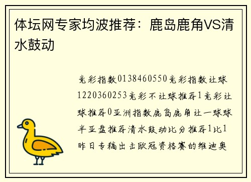 体坛网专家均波推荐：鹿岛鹿角VS清水鼓动